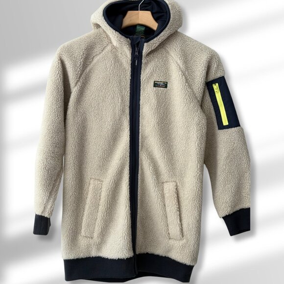 🤎 L.L. Bean Kid's Sherpa Cream Colored Fleece Long Jacket | Size Large 14-16 - Picture 1 of 9